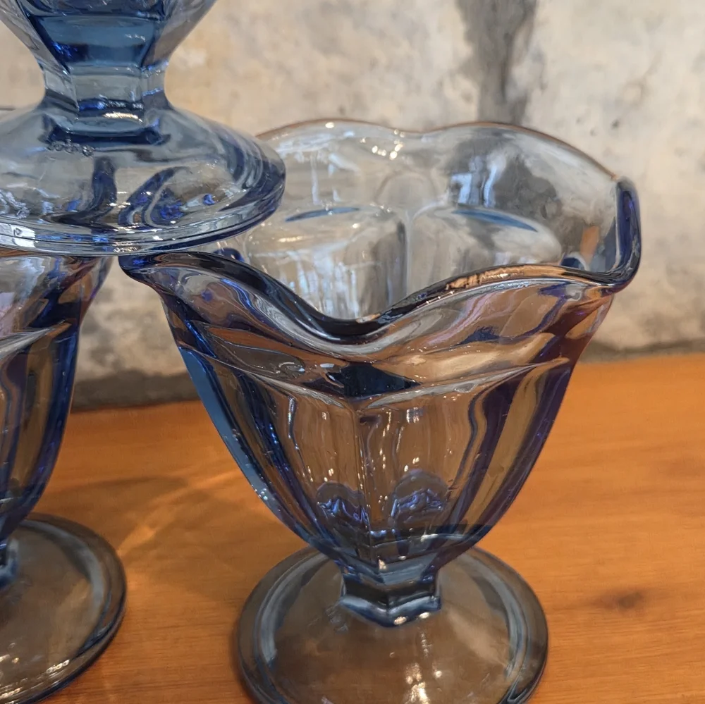 Lot of 3 Anchor Hocking Blue Sherbet Sundae Ice Cream Dessert Cups Dish Glasses